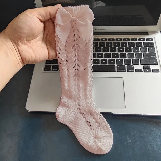 Baby Girl Royal Style Bow Knee High Fishnet Socks For 0-3 Years Olds