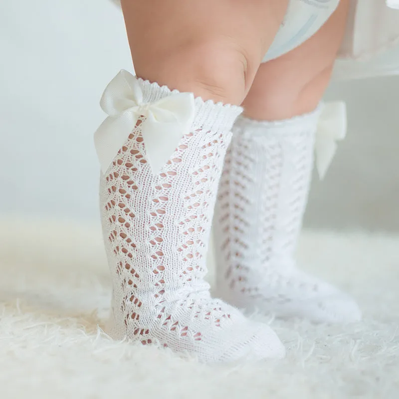 Baby Girl Royal Style Bow Knee High Fishnet Socks For 0-3 Years Olds