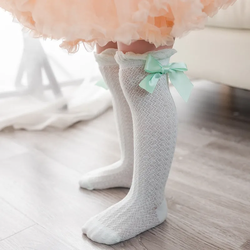 Baby Girl Royal Style Bow Knee High Fishnet Socks For 0-3 Years Olds