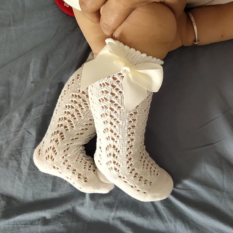 Baby Girl Royal Style Bow Knee High Fishnet Socks For 0-3 Years Olds