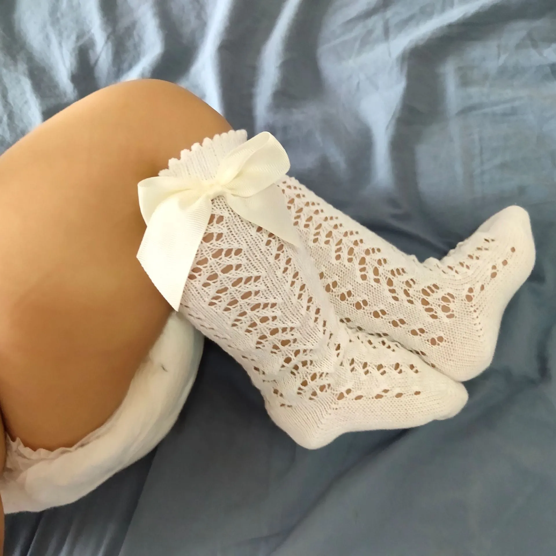 Baby Girl Royal Style Bow Knee High Fishnet Socks For 0-3 Years Olds