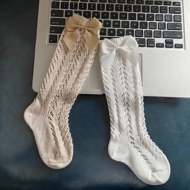 Baby Girl Royal Style Bow Knee High Fishnet Socks For 0-3 Years Olds