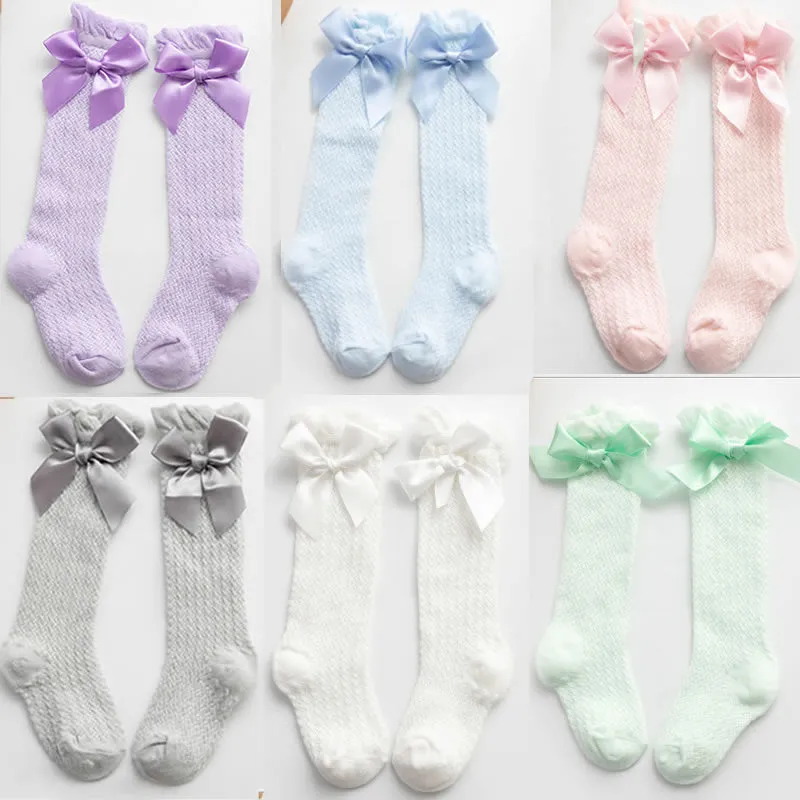 Baby Girl Royal Style Bow Knee High Fishnet Socks For 0-3 Years Olds
