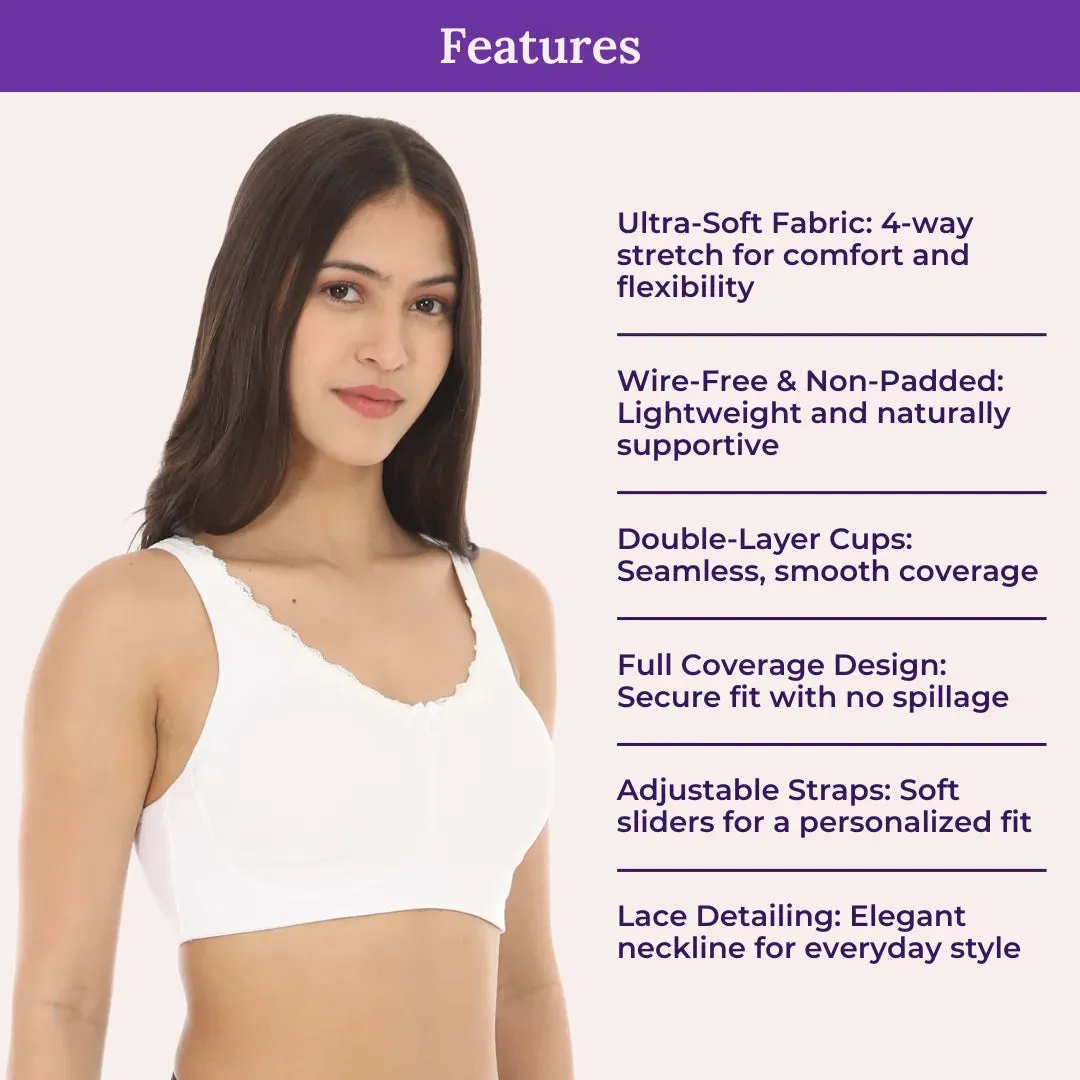 Cotton Bra | Lace Detailing | Full Coverage | Wire-Free & Non-Padded | Seamless Cups | No Centre Panel | Hidden Side Panels