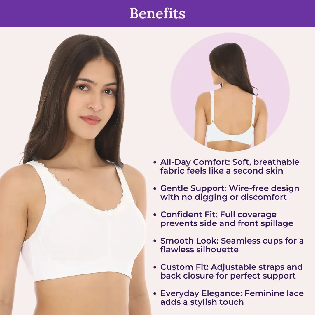 Cotton Bra | Lace Detailing | Full Coverage | Wire-Free & Non-Padded | Seamless Cups | No Centre Panel | Hidden Side Panels