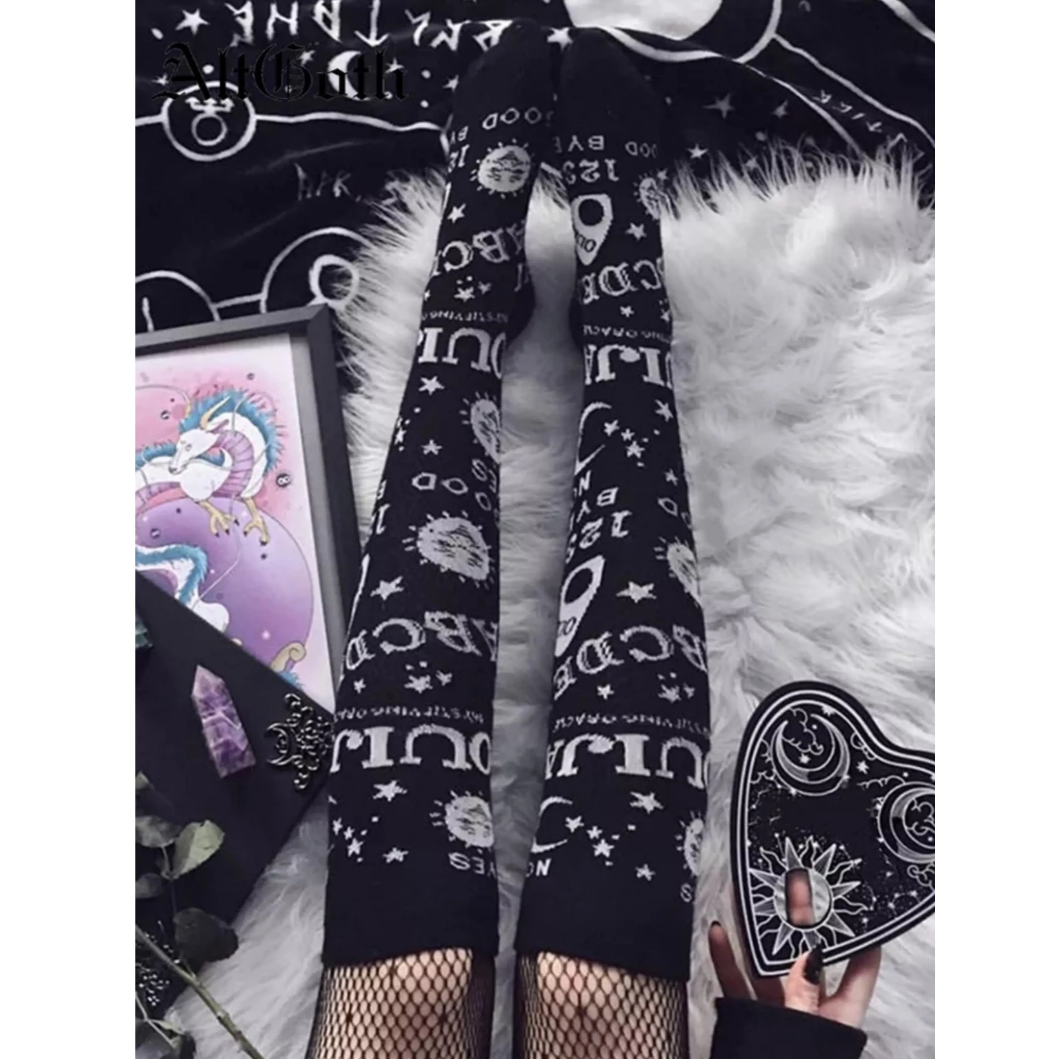 Gothic Knee High Socks | Witchy Black Ouija Allover Print Soft Cotton