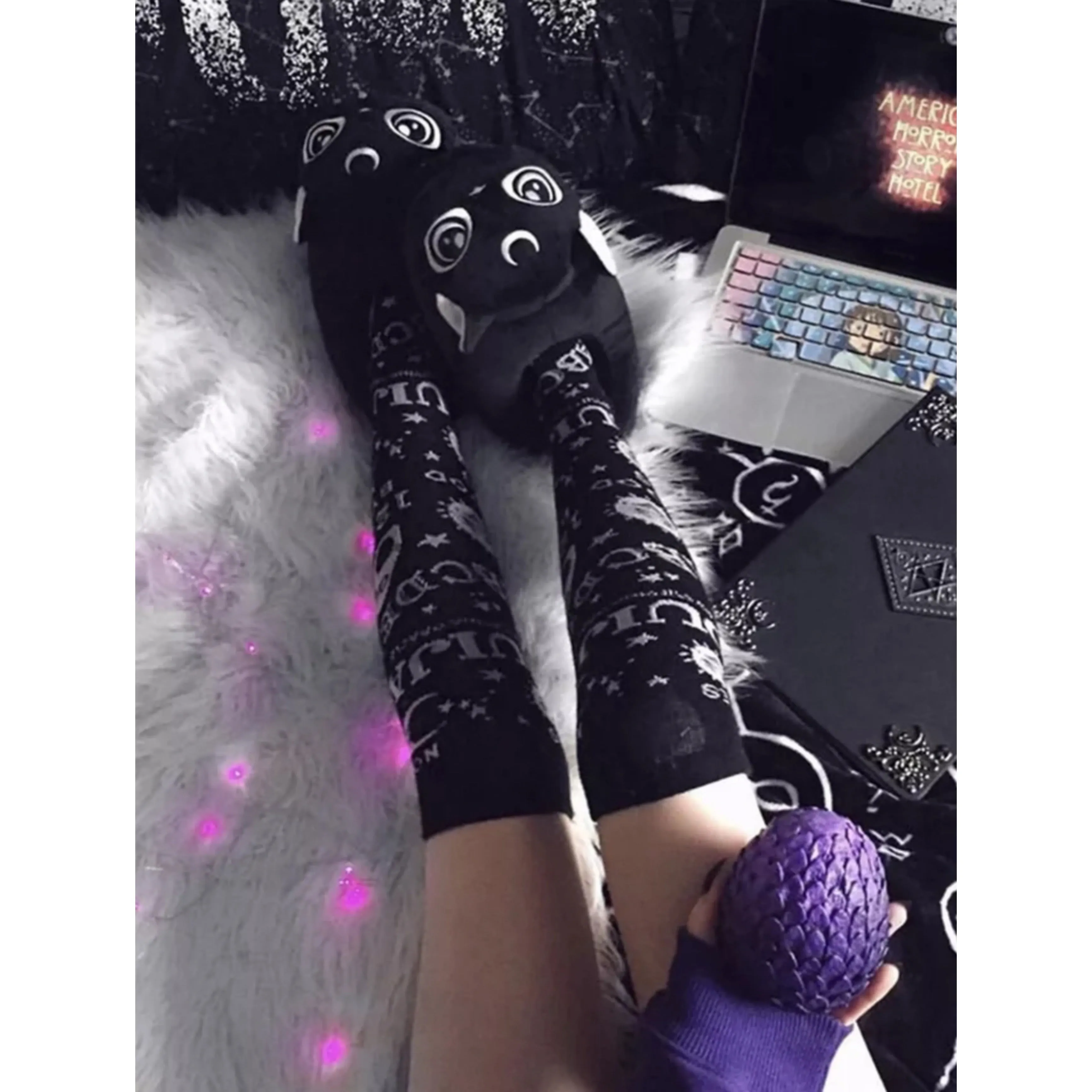 Gothic Knee High Socks | Witchy Black Ouija Allover Print Soft Cotton