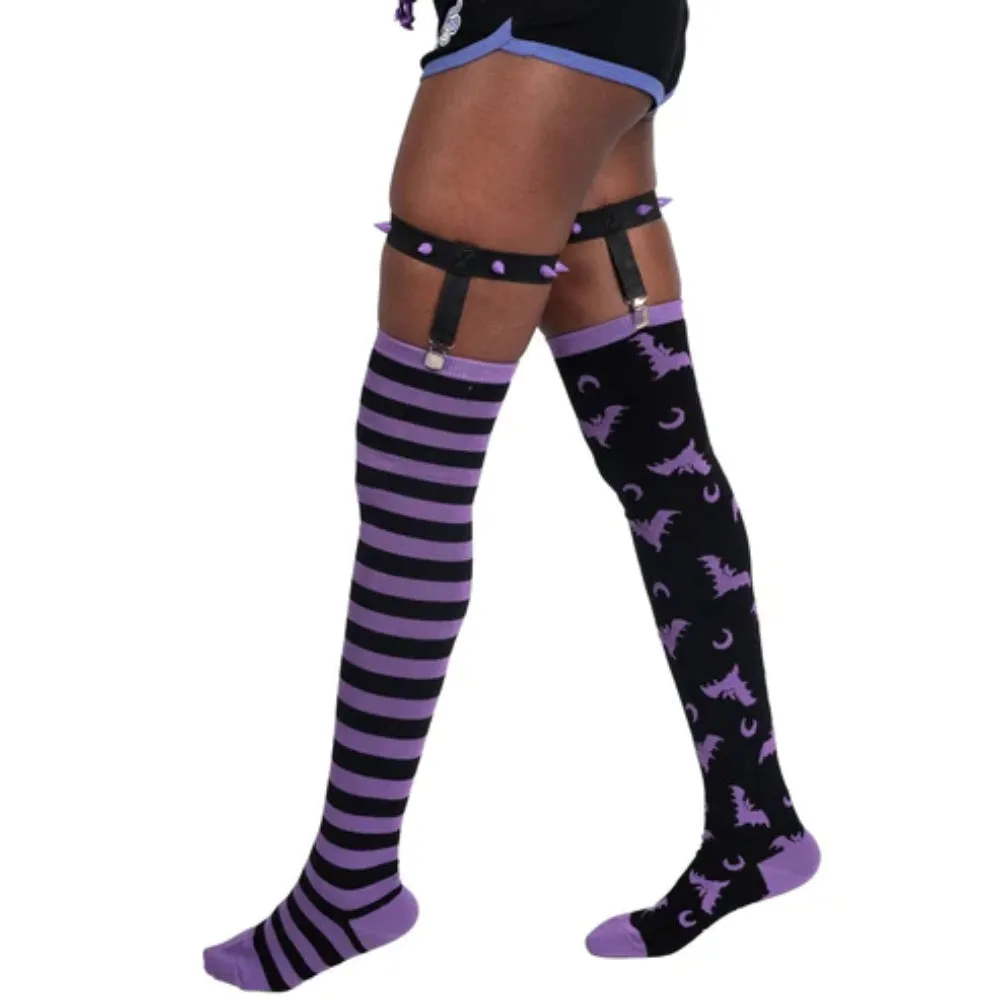 Purple Bats and Stripes Thigh High Socks with Studded Garter